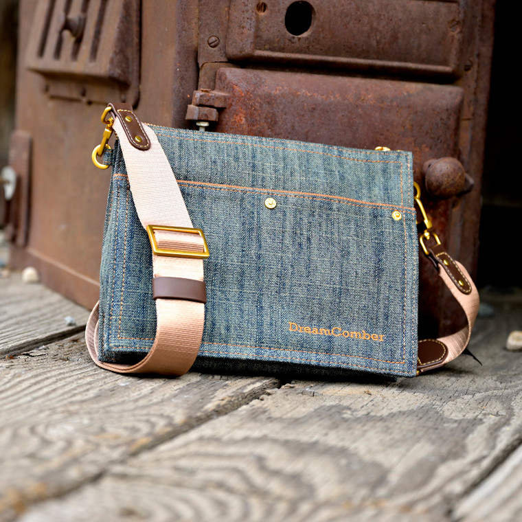 Lightweight denim bag with multi-purpose strap that can be worn as shoulder bag, sling bag, cross-body, waist bag, fanny pack.
