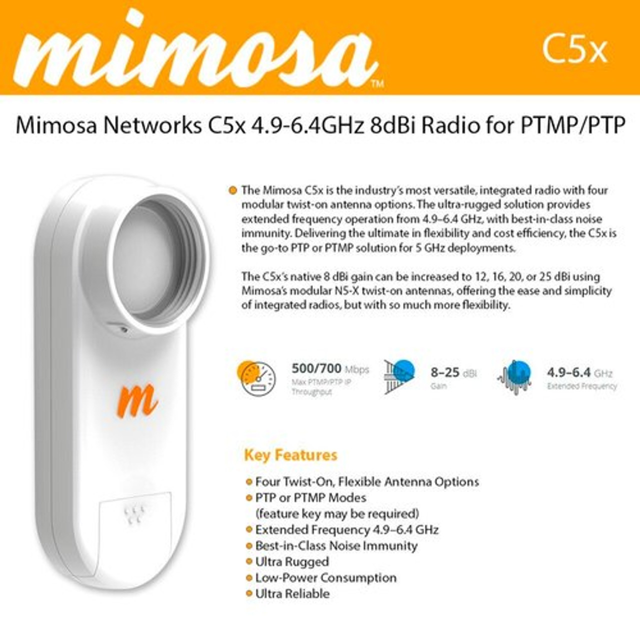 Mimosa 100-00085 C5x 4.9-6.4 GHz 8dBi Modular Radio For PTMP or PTP