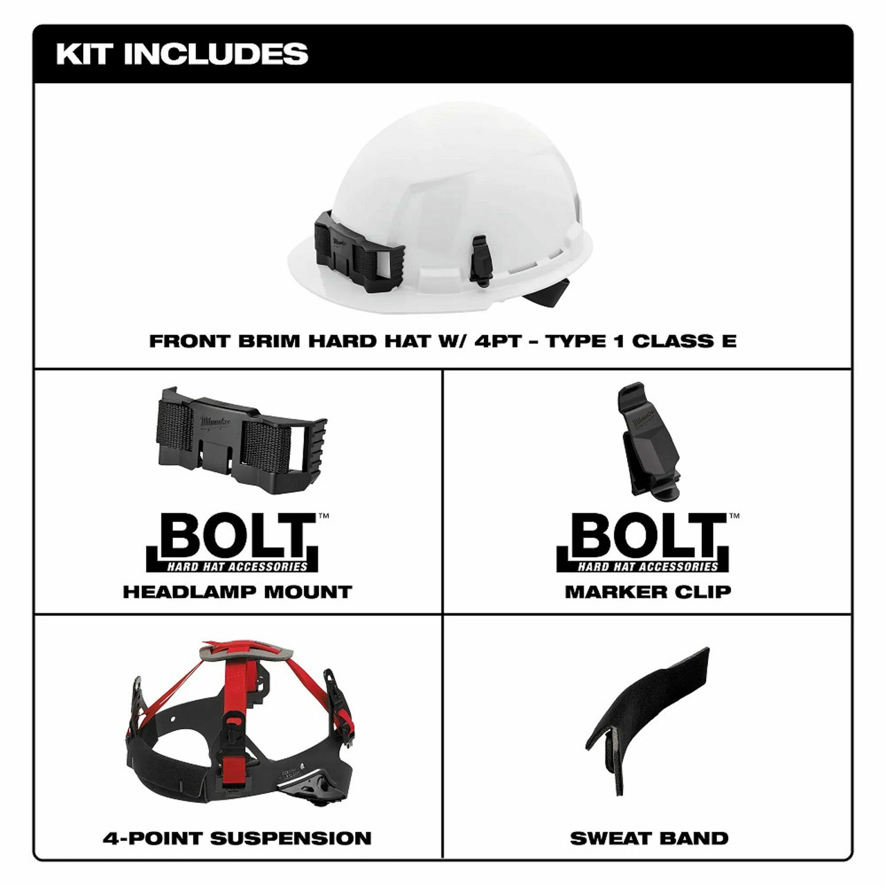 MIL-48-73-1108C: Milwaukee BOLT Front Brim Vented Hard Hat w/4pt Ratcheting Suspension (USA) - Type 1, Class C- color Red