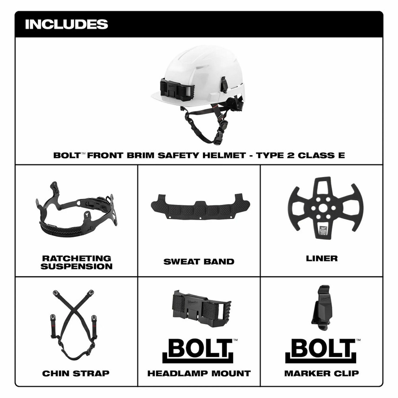 MIL-48-73-1321C: Milwaukee BOLT Front Brim Safety Helmet (USA) - Type 2, Class E- color White