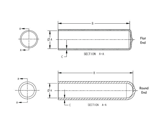 Diagram for dimensional reference for long caps, both round and flat ends.