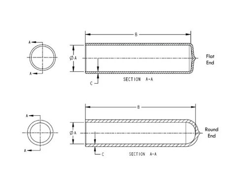Diagram of dimensional references for long caps, both round end and flat end.