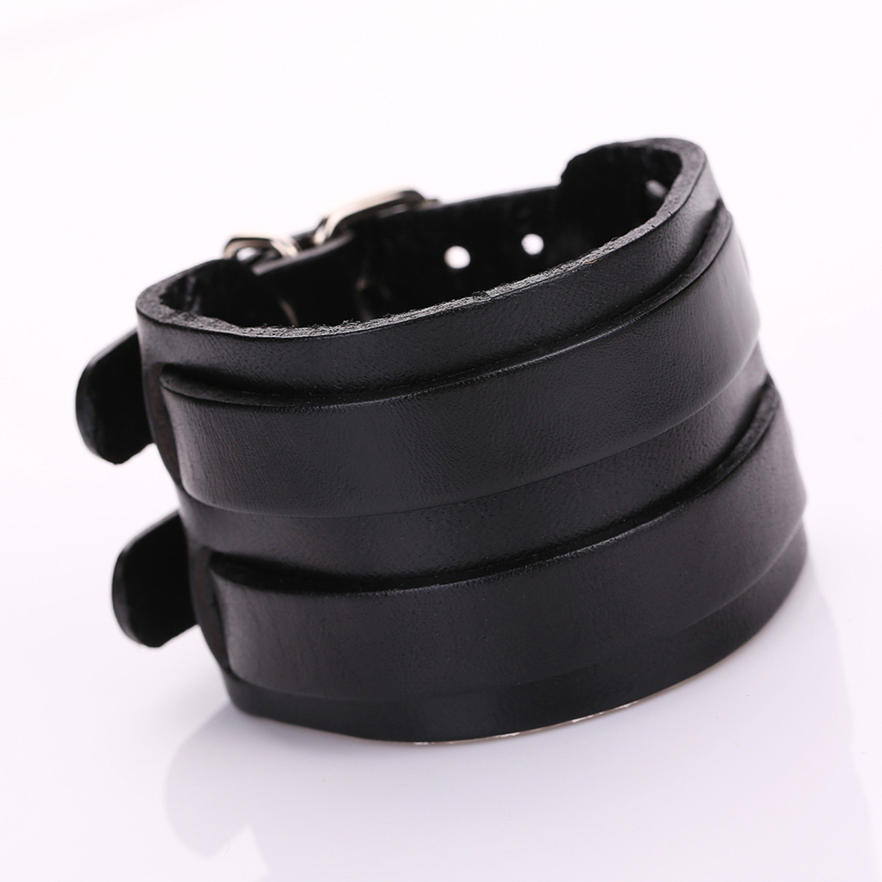 Men's Black Leather Belt Strap Double Buckle Wristband