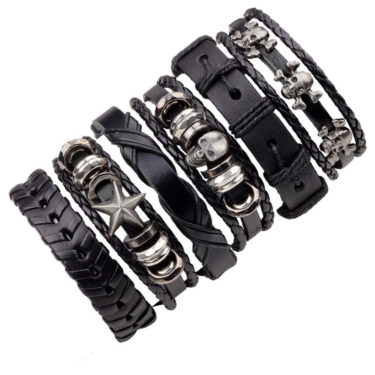 6PCs Black Leather Bracelet Men Woman Braid Bracelets With Metal Charms  Rock Fashion