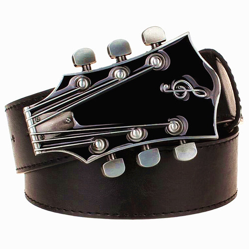 Rock Fashion Men's Belt Metal Guitar Headstock Black Buckle  