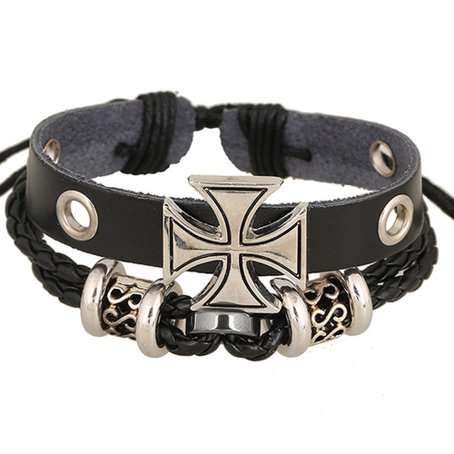 Real Leather Iron Cross Bracelet Mens or Woman Rock Fashion 