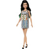 Barbie doll shimmers in a glittery tank dress with sporty mesh shoulders and team number.