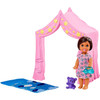 The pink tent turns bedtime into a nighttime adventure with yellow and pink stars decorating the canopy-like frame.
​Tuck the toddler doll into her blue sleeping bag when the sun goes down – it has a pretty cloud print that gets imaginations dreaming.