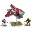 Halo Infinite inspired Banished Banshee vehicle building set with dual missile launchers, hidden compartment that opens, and clear rod with baseplate for display.