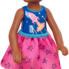 This 5.5-inch (14 cm) doll celebrates discovery - she wears a blue top with space-themed graphics and a pink star-print skirt.