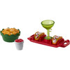 This Taco Party set includes a serving tray, tacos for two, a bowl of nachos, salsa dip, and a cocktail glass.