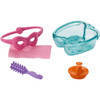 Barbie Mini Story Starter - Spa Day Accessory Pack includes foot bath, massage hand brush, hair brush, eye mask, and small towel.
