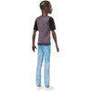 Ken doll is more slender than the original body and wears a sporty shirt with number 4 and faded denim jeans.