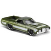 Hot Wheels '72 Ford Ranchero in Metalflake dark green with white stripes.
