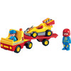 The Playmobil 6761 1.2.3 Racing Car with Transporter has a tilting rear trailer so you can easily unload the race car. The set comes complete with a Playmobil 1.2.3 race driver and a transport operative.
