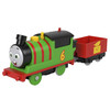 Young conductors can flip the switch on top of the engine to send Percy and his mail truck racing along.