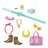 This western-themed Barbie Accessory set includes 11 accessories to fill playtime with styling and storytelling fun! Fashion accessories include pieces like a paisley tote and cowboy boots. Storytelling items like a cactus belt, star sunglasses, a mask and more inspire imaginations.