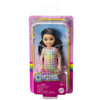 Barbie Chelsea Doll, Small Girl Doll with Black Hair & Brown Eyes wearing Removable Plaid Dress in packaging.