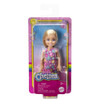 Barbie Chelsea Doll, Small Girl Doll with Blonde Hair & Blue Eyes wearing Purple Flowered Dress in packaging.