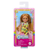 Barbie Chelsea Doll, Small Girl Doll with Brunette Hair & Brown Eyes wearing Removable Heart-Print Dress in packaging.