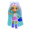 This Barbie Extra Mini Minis doll gives sporty statement vibes! She has long, pink-streaked blue hair and wears a rainbow top and pink skirt with a sheer jacket.