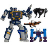 This G1 Universe Soundwave Transformers figure comes with G1 Universe Buzzsaw, Ravage, and Decepticon Rumble figures that convert to cassette tape mode in 4, 7, and 8 steps.
