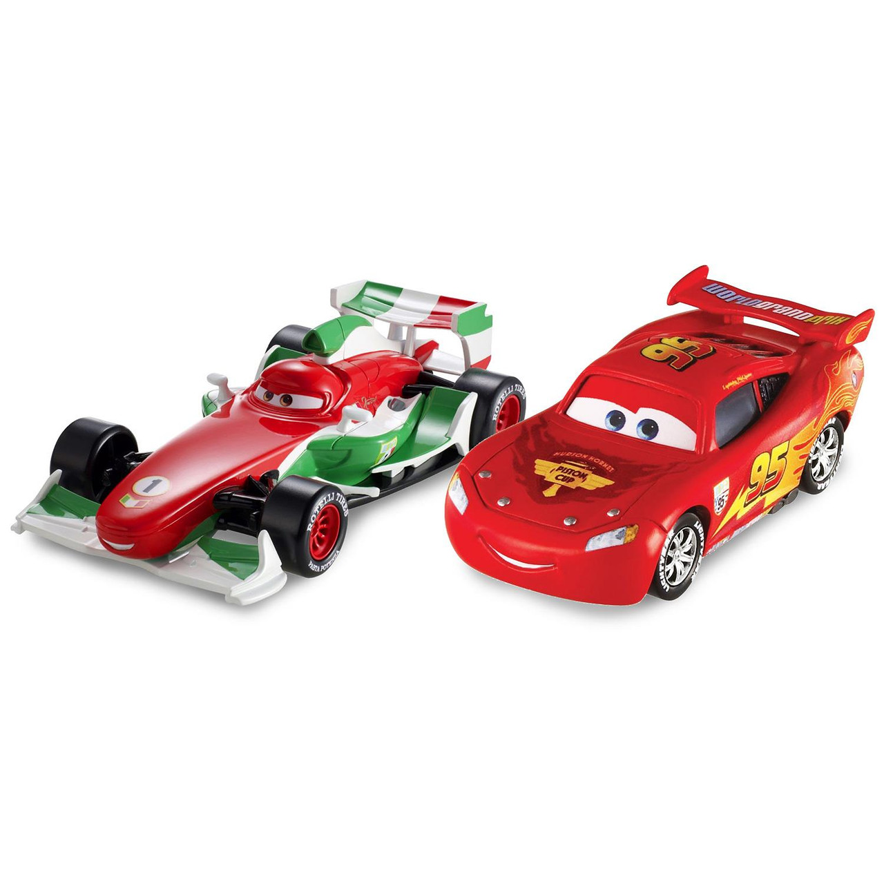 Disney Pixar Cars 2: FRANCESCO BERNOULLI & LIGHTNING McQUEEN with Party  Wheels 1:55 Scale Die-Cast Vehicle 2-Pack - Bubble-n-Squeak Toys