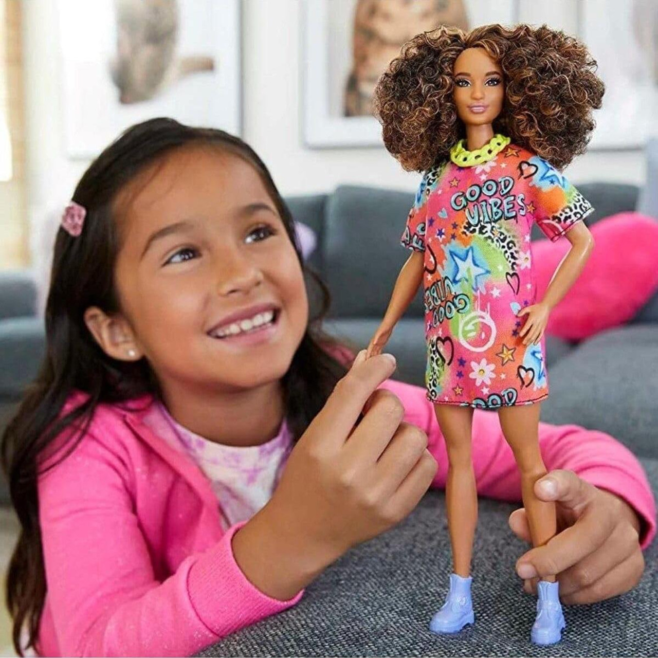 Barbie Fashionistas Doll #201 with Athletic Body, Curly Brunette Hair, Graffiti-Print Dress ＆ Accessories Barbie Fashionistas 201 Doll | eBay UK