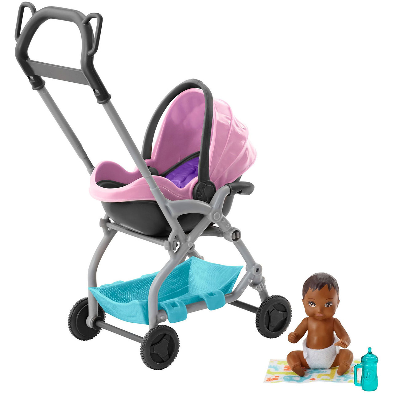Barbie Skipper Babysitters Pink Stroller with Baby Doll The