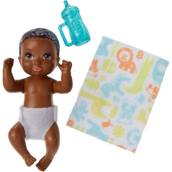 The babysitter set includes a baby figure with diaper, as well as a bottle and a baby blanket.