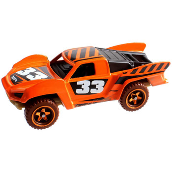 Authentically styled Baja Truck with orange chrome-rimmed off-road wheels, and a dirt-splattered racing deco.