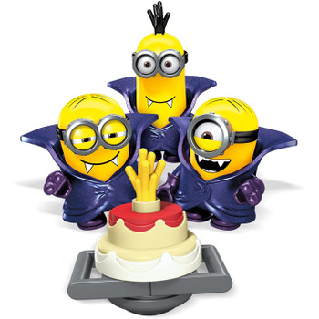 Three vampire-themed buildable Minion character figures with interchangeable parts, including cloaks, goggles, arms, feet and hair.
