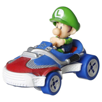 Adorable Mario Kart character Baby Luigi is molded into his red & blue Sneeker Kart​.