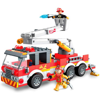 Buildable fire truck with rolling wheels, printed decoration, and extendable, swiveling ladder with basket.