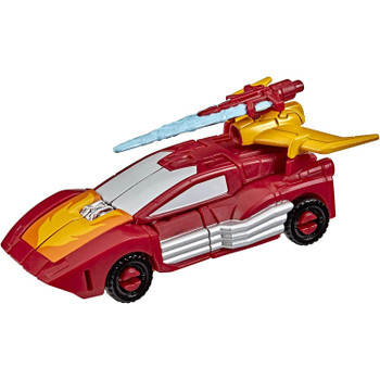 This Core Class Hot Rod toy converts to G1-inspired racecar mode in 8 steps. Comes with Energon sword accessory.