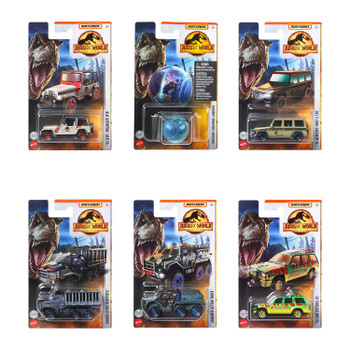 Matchbox Jurassic World - SET OF 6 - 1:64 Scale Die-cast Vehicles in packaging.