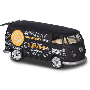 Authentically styled Volkswagen Type 2 T1 Camper Van in matt black with 'Big Burger Chef' food truck deco and detailing.