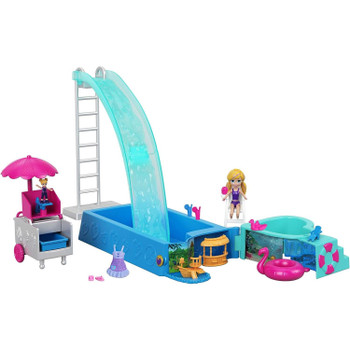 Get ready for fun in the sun as Polly™ doll makes a splash in the 3.5-inch scale Splashtastic Pool Surprise™ playset that can be filled with real water!