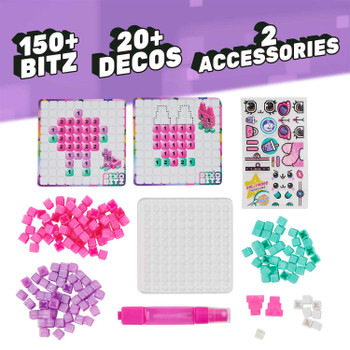 Make 3D and 2D creations with 156 metallic Bitz in 4 colors, 2 accessories, over 20 water decos, a spray bottle, tray and 2 templates! Design or combine with PixoBitz Studio (sold separately).