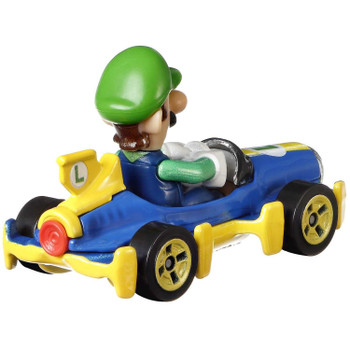 Popular Mario Kart™ character Luigi is molded into his blue & yellow Mach 8 Kart​. Vehicle measures around 6 cm (2.25-inch) long.