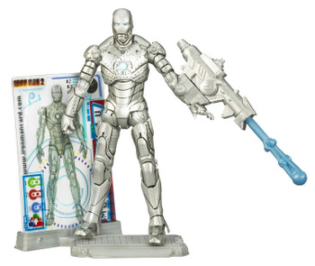 4-inch (10 cm) scale Iron Man action figure with multiple points of articulation and launching missile. Display stand and 3 Armor Cards included.