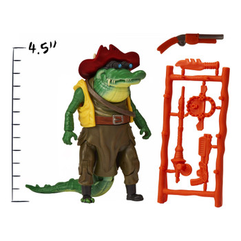 Accessories: Leatherhead comes ready for battle with his double-barrelled blaster and a separate weapons rack loaded with different accessories.