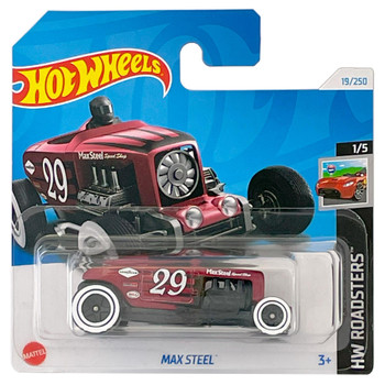 Hot Wheels MAX STEEL (Red) 1:64 Scale Die-cast Vehicle in packaging - Short Card Front