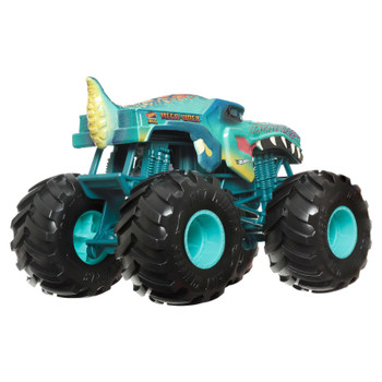 Designed in 1:24 scale with durable die-cast metal bodies, this oversized Mega Wrex Monster Truck is ready for outrageous action