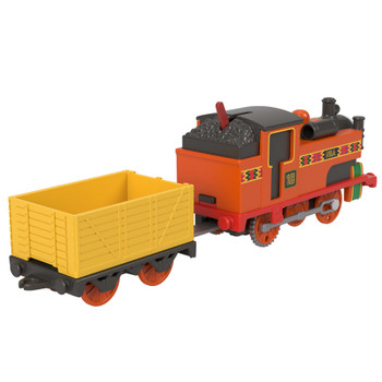 This battery-operated engine is styled to look like Nia from the classic Thomas & Friends series and includes a yellow freight wagon