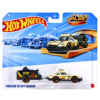 Hot Wheels Track Fleet PORSCHE 911 OFF-ROADER (Beige Car / Black Trailer) 1:64 Scale Die-cast Car & Trailer in packaging