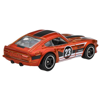 Datsun 240Z in burnt orange, with black & white racing stripes