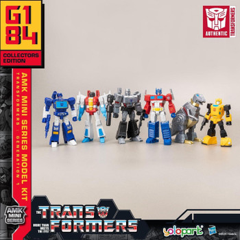 The kit includes Optimus Prime, Bumblebee, Megatron, Soundwave, Grimlock, and Starscream.