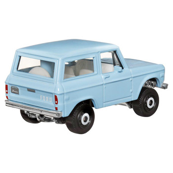 1970 Ford Bronco in baby blue, with white interior and chrome base