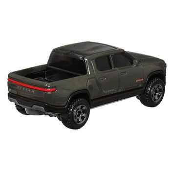 Rivian R1T in olive green, with black trim and grey base